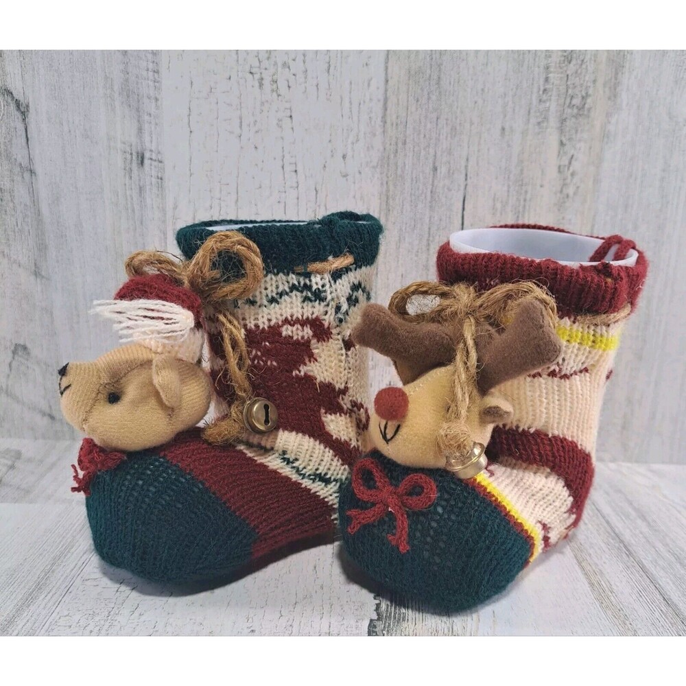 2 Knitted Christmas Boots Candy Cane Holders Stockings Plastic Inserts Deer Bear